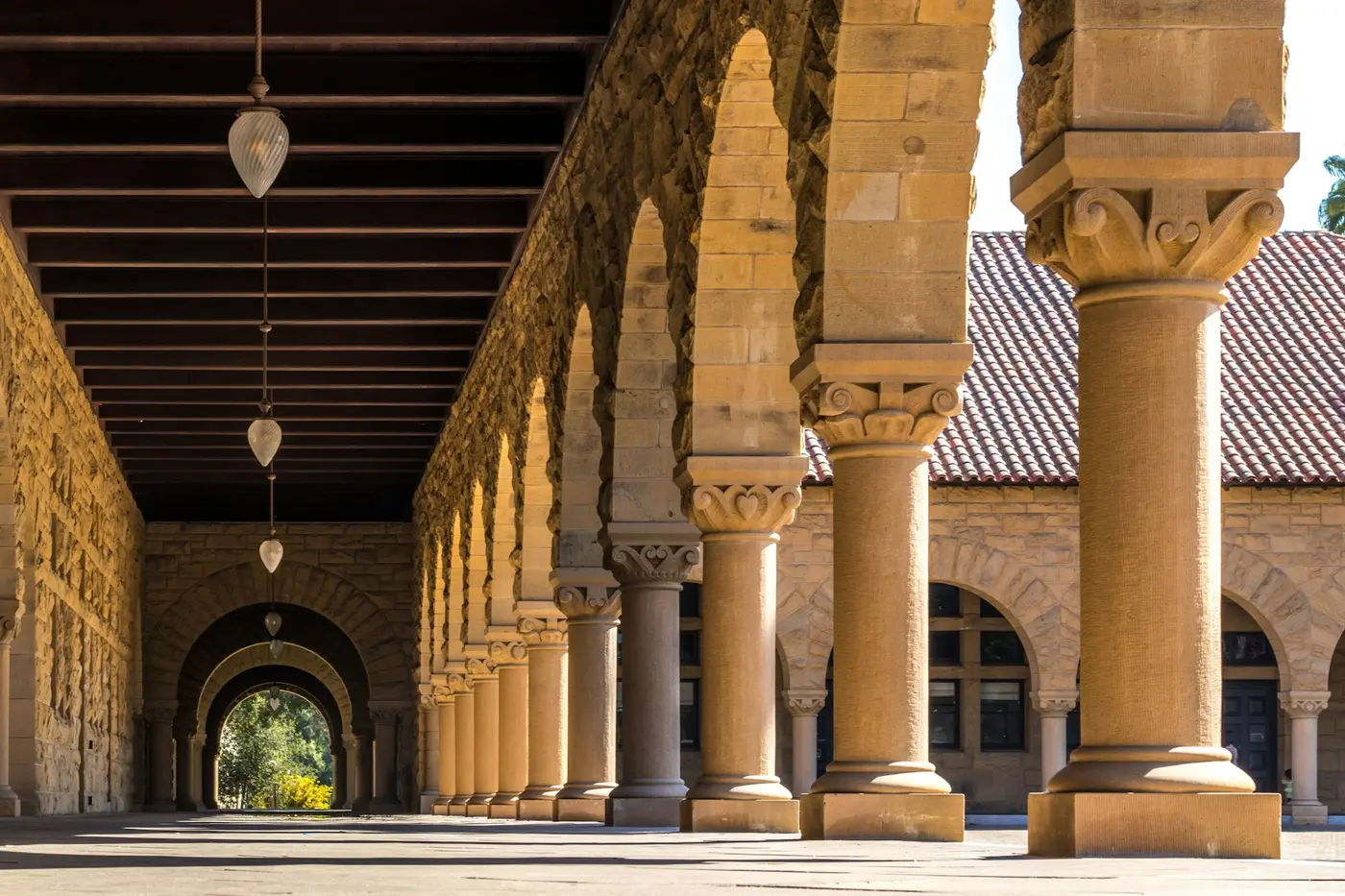 Sandstone arcade with columns at a US university